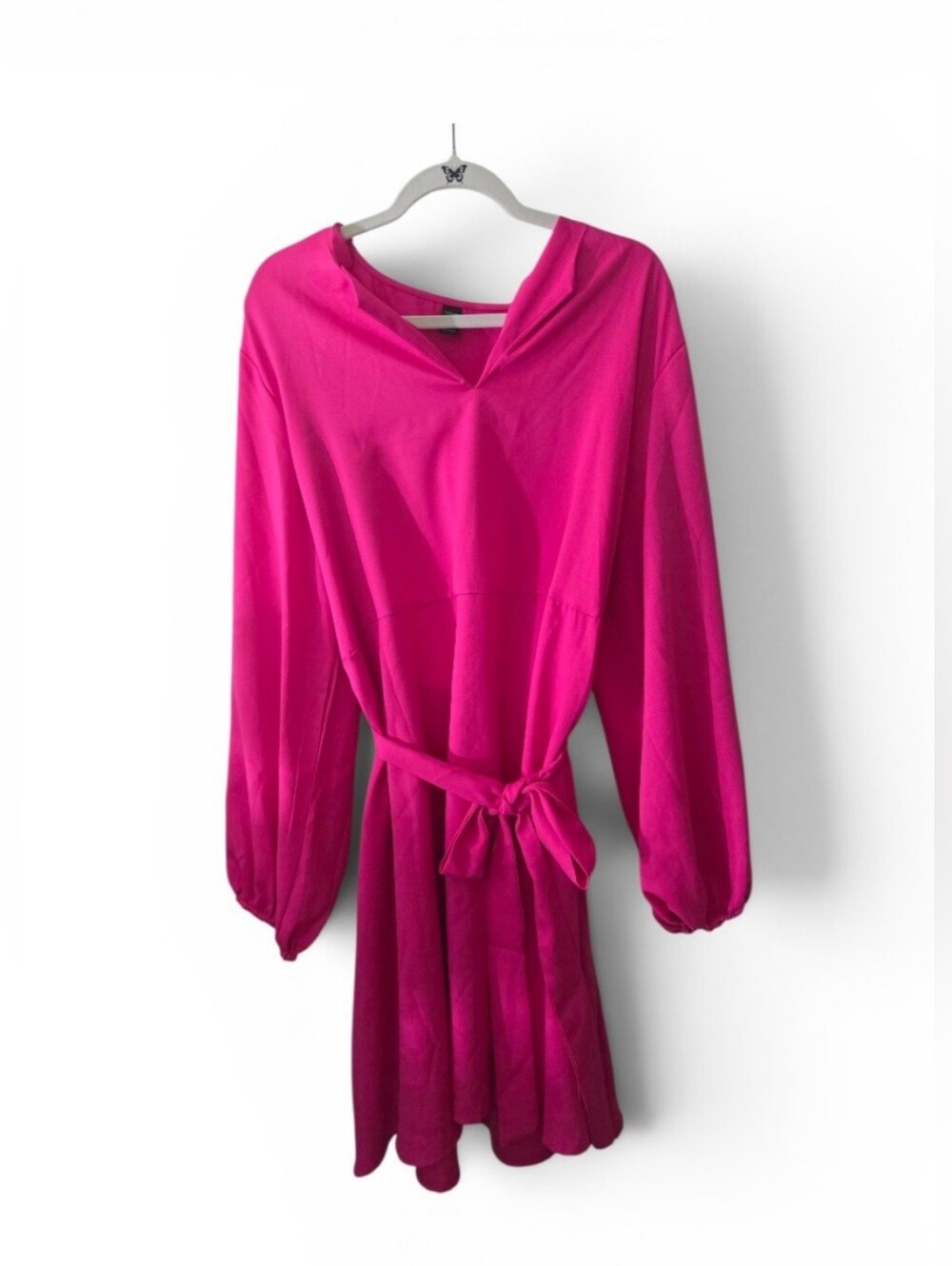 SHEIN Hot Pink Long-Sleeve Belted  Dress